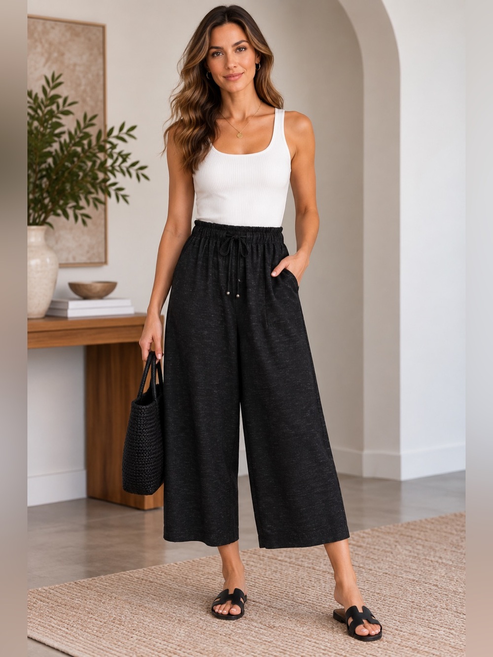 Black Textured Wide Leg Cropped Pants Elastic Drawstring Waist Pockets